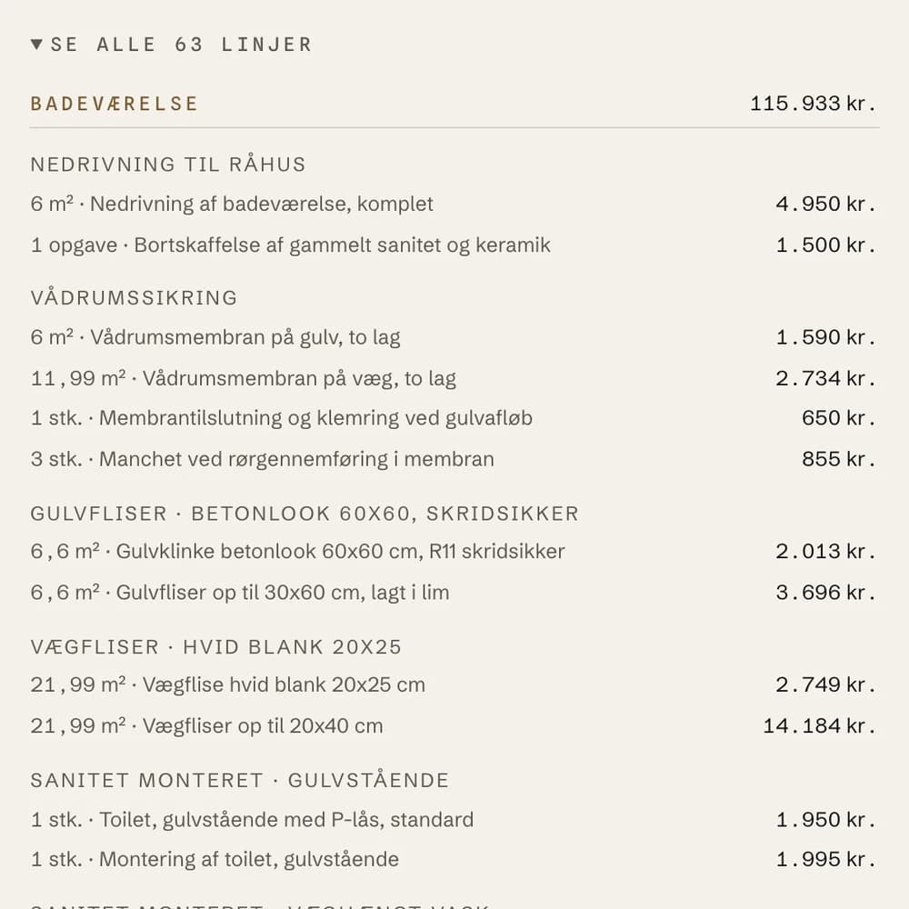Den udfoldede liste over linjer bag tallet: nedrivning, vådrumssikring, gulvfliser og vægfliser med mængde i m² eller stk. og pris pr. linje.